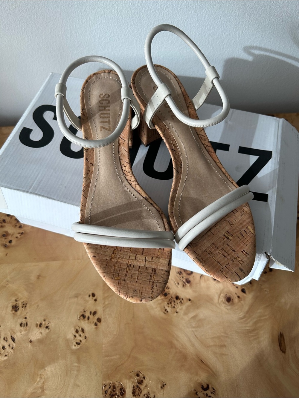 NIB! SCHUTZ Gimenez Cream Leather Strap Cork Heel Sandals 5.5